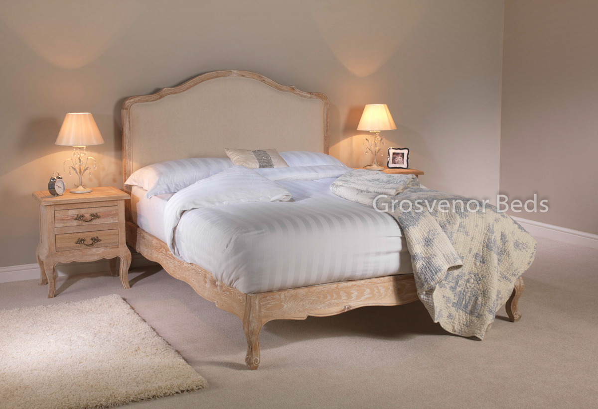New White Wash Limed Solid Oak Upholstered French Style Low Foot Bed