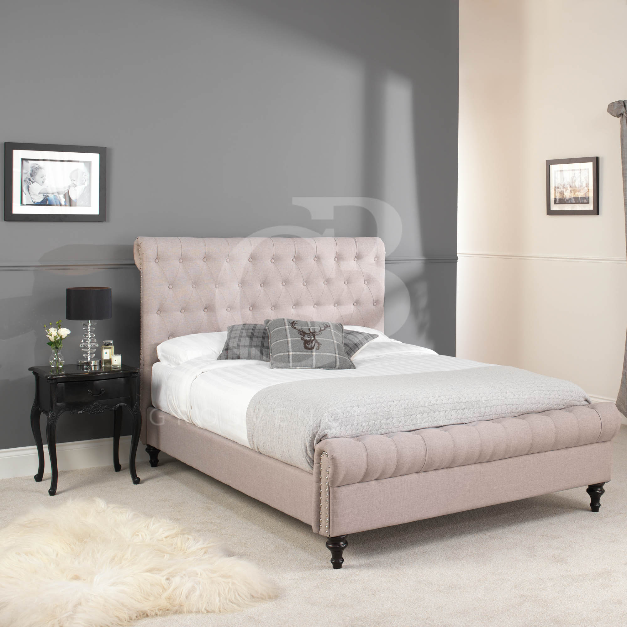 Upholstered Oatmeal Linen Chesterfield Bed in King Size & Super King