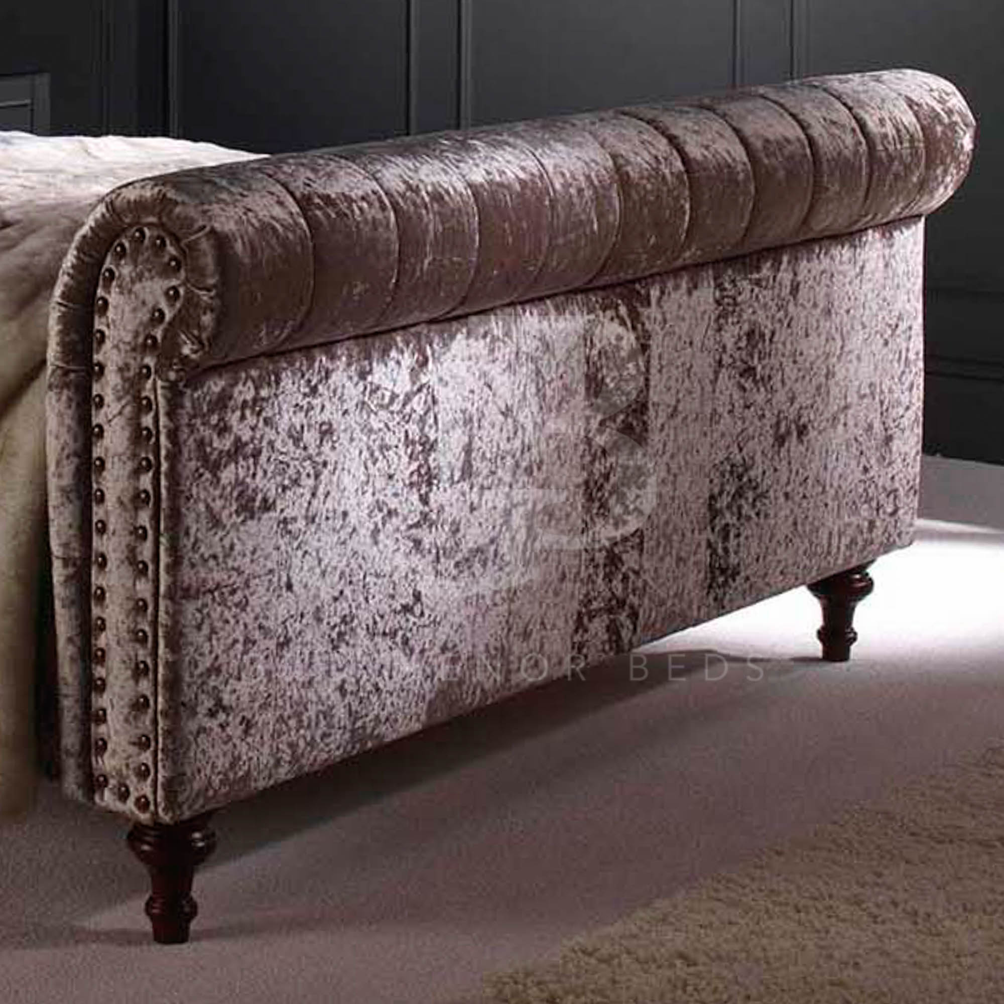 6ft Super King Size Mink crushed Velvet Upholstered Chesterfield Bed