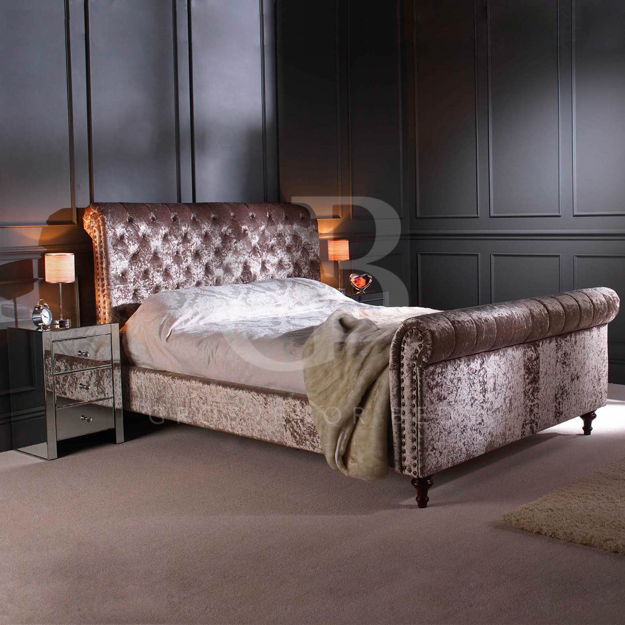 New Luxury 5ft King Size Mink Crushed Velvet Chesterfield Bed EQB1142