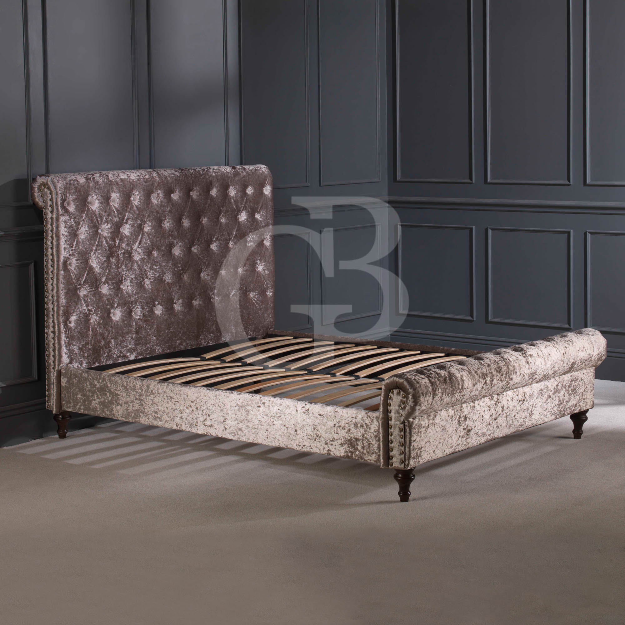 Premium Mink Crushed Velvet Upholstered Chesterfield Bed DoubleKingSK
