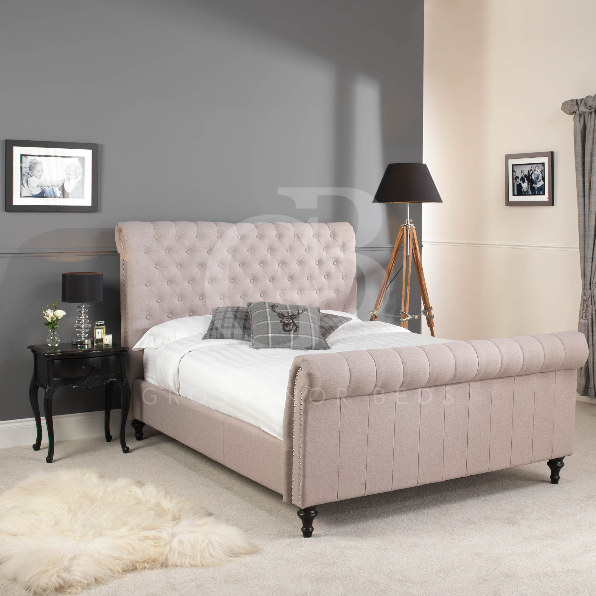 Chesterfield Upholstered Oatmeal Linen Bed Double King Super King