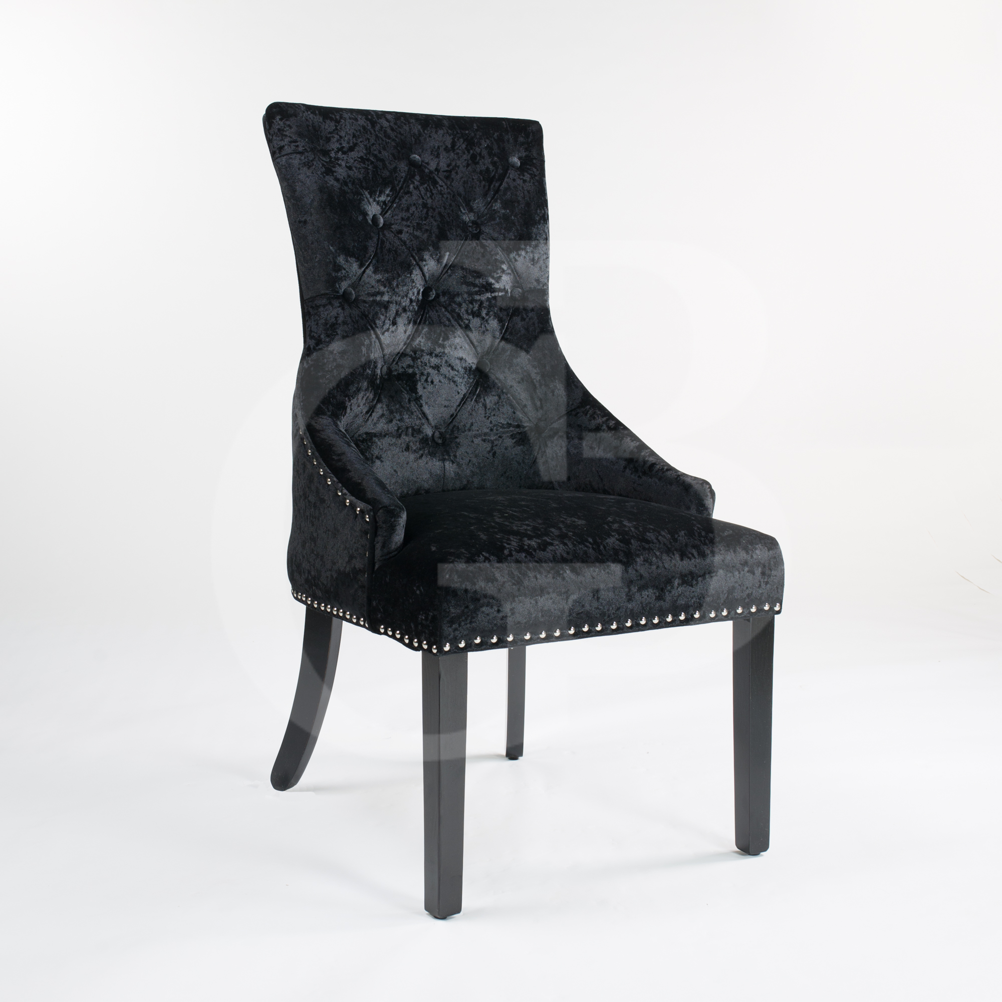 Black Upholstered Crushed Velvet Dining Chair With Chrome Studs & Ring