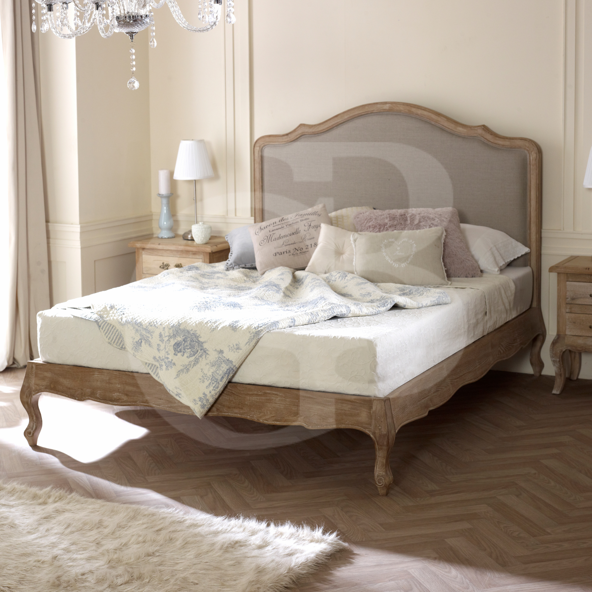 New White Washed Solid Oak Upholstered French Low Foot Board Bed EGB49