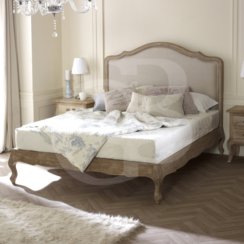 eGB49 French Solid Limed Oak Linen Upholstered Bed in Double King and ...